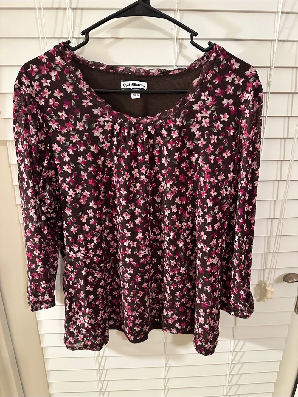 croft & barrow Burgundy Long-Sleeve Top with Pink Floral Print